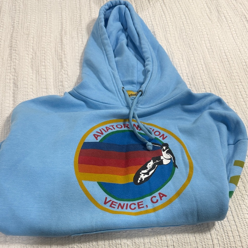 Aviator Nation Light Blue Hoodie with Multicolor Logo - Picture 4 of 5